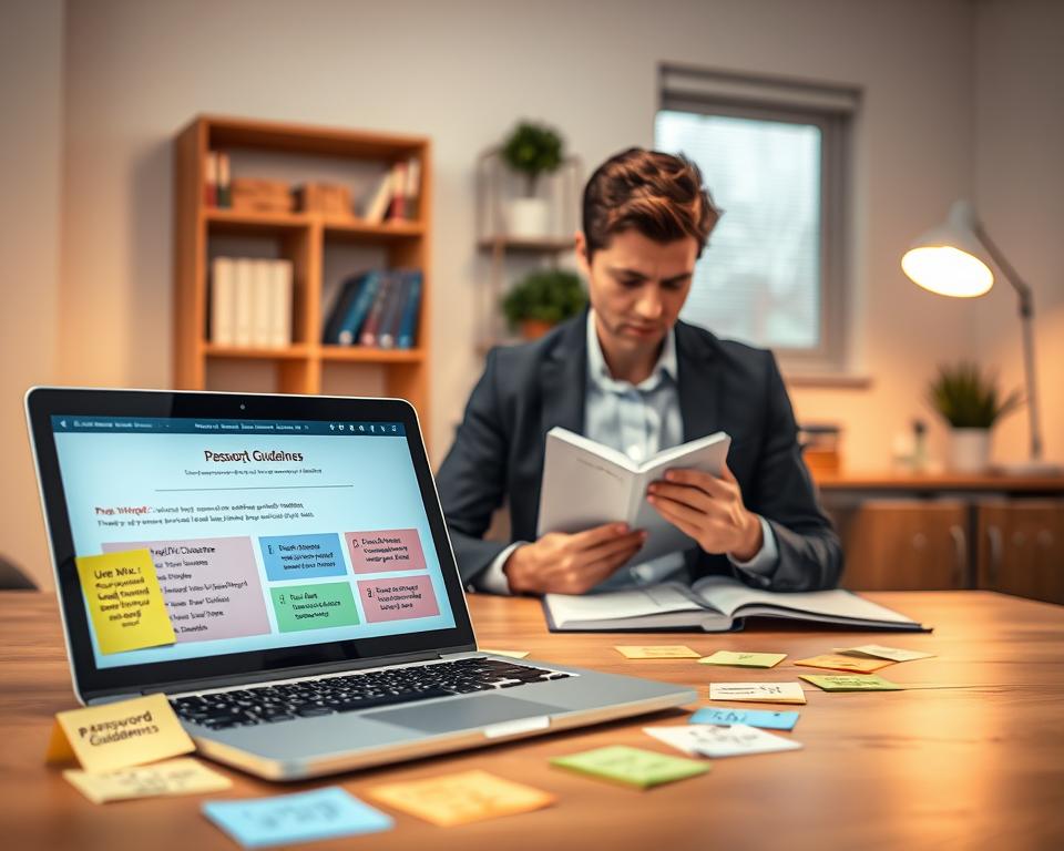 A clean and organized workspace is depicted as the foreground, featuring a wooden desk with a laptop open, displaying password strength guidelines in a visually appealing format. Various colorful sticky notes are scattered around, each note containing tips like "Use Mix of Characters," "Avoid Common Words," and "Enable Two-Factor Authentication." In the middle ground, a thoughtful person, dressed in professional business attire, is jotting down reminders in a notebook, appearing engaged and focused. In the background, a softly lit bookshelf holds reference materials related to cybersecurity, and a potted plant adds a touch of greenery. The lighting is warm and inviting, creating a sense of productivity and motivation, with a shallow depth of field that enhances the subject while gently blurring the background. The atmosphere is focused yet friendly, embodying a helpful environment for learning about password management.