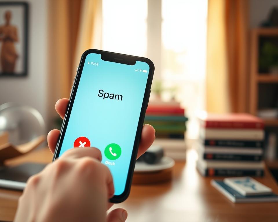 A close-up of a smartphone displaying a clear, colorful caller ID screen, showing an incoming call labeled "Spam" with a red cross icon. In the foreground, a hand reaches out towards the phone, poised to press the "block" button, conveying action and determination. The middle ground features a blurred background of a cozy home office setting with books on technology and phone security stacked neatly on a desk. Warm, natural lighting streams in from a window, creating a welcoming yet focused atmosphere. The scene captures a moment of self-education and empowerment against spam calls, with a sense of clarity and resolution in the air.