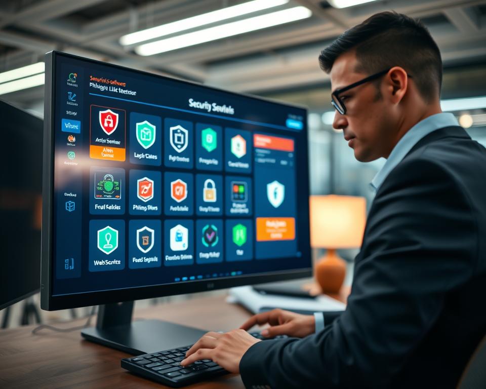 A close-up shot of a digital workspace displaying multiple security tools on a sleek monitor, emphasizing an application interface designed for malicious link detection. In the foreground, a professional wearing business attire is focused, with one hand on a keyboard and an intense gaze at the screen. In the middle, various icons representing antivirus software, phishing scanners, and web security tools are vividly visible, with a dynamic array of colors highlighting alerts and notifications. The background features a modern office with soft LED lighting that illuminates the scene, creating a tech-savvy atmosphere. The lens captures the depth of field, blurring the background slightly to keep the focus on the tools and the user's engagement. The overall mood is serious yet empowering, showcasing the importance of cybersecurity.