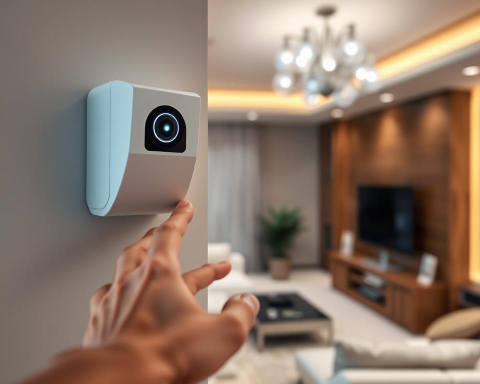 A close-up view of a modern motion sensor device installed on a wall, showcasing its sleek, futuristic design with sensor lenses and LED indicators. In the foreground, a hand reaches towards the sensor, demonstrating user interaction. The middle ground features a well-lit, secure home interior with hints of high-tech security elements, such as cameras and alarm panels subtly integrated into the decor. The background includes an elegant living room ambiance, with soft, ambient lighting radiating a sense of safety and comfort. The shot is taken from a slightly elevated angle to emphasize the sensor and its surroundings, creating a professional and inviting atmosphere that underscores the theme of home security enhancement.