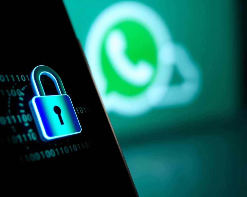 A close-up view of a phone displaying the WhatsApp interface, highlighting the backup settings screen. In the foreground, a digital lock icon represents security, gleaming with a vibrant blue and green color palette. The middle layer features a blurred array of binary code, symbolizing data, flowing smoothly around the phone, suggesting encryption and protection. In the background, a soft-focus cloud graphic indicates secure cloud storage. The scene is illuminated with gentle, ambient lighting, enhancing the sense of security and tranquility. The mood is professional and reassuring, creating a sense of trust in the technology. The image composition is focused at a slight angle to add depth to the scene, with a clean, modern aesthetic, ensuring clarity and engagement for readers.