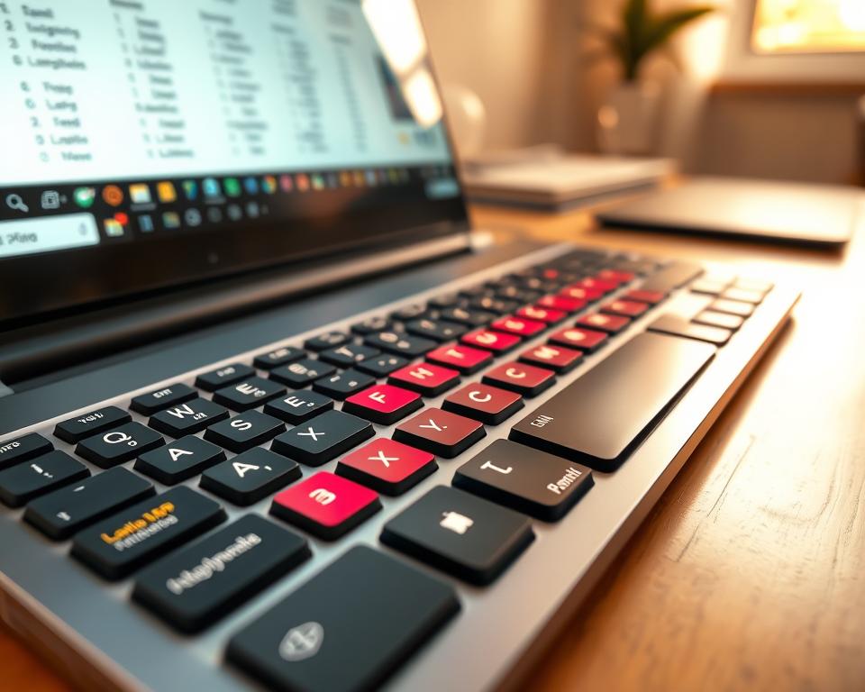 A close-up view of a sleek, modern multilingual keyboard, featuring vibrant keys with letters and symbols from various languages including Arabic, Chinese, Spanish, and Russian. The keyboard rests on a stylish wooden desk, with a soft-focus laptop screen displaying a language learning application in the background. Warm, natural light filters in through a nearby window, casting gentle highlights on the keyboard's glossy surface. The scene conveys a productive atmosphere, emphasizing the fusion of technology and global communication. Capture the image from a slight angle to highlight the depth of the keys and ensure the composition is clean and uncluttered, evoking a sense of efficiency and innovation in typing across languages.