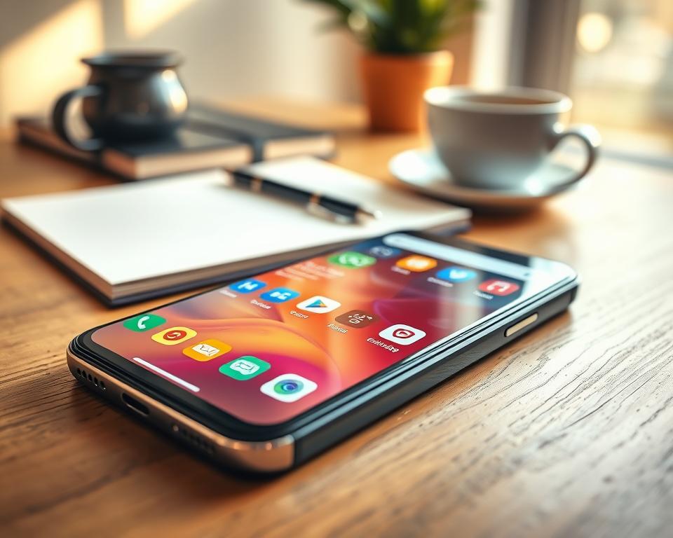 A close-up view of a smartphone home screen, showcasing vibrant app icons and personalized widgets in an aesthetically pleasing arrangement. The foreground features a sleek smartphone placed on a wooden desk, with colorful icons displayed prominently, including social media, photo gallery, and productivity apps. In the middle ground, there are elements of a cozy workspace, like a stylish notebook and a cup of coffee, contributing to a warm, inviting atmosphere. The background is softly blurred to highlight the phone, with warm natural light streaming in from a nearby window, casting gentle shadows. The overall mood is creative and modern, inspiring users to think about customization and personalization in their smartphone setup.