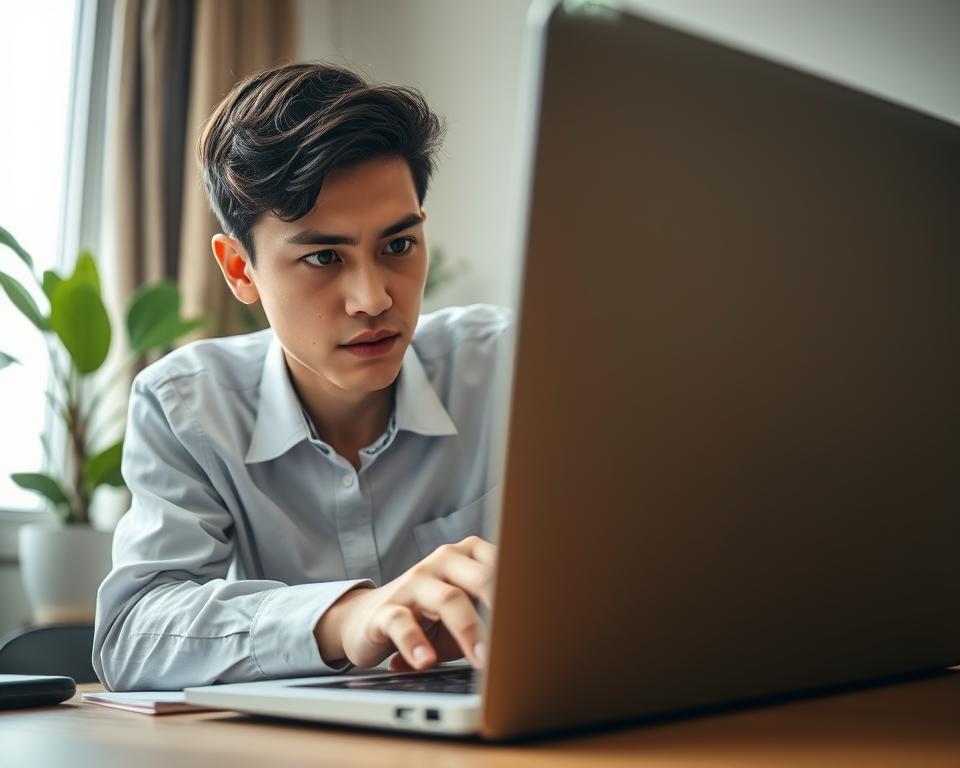 A close-up view of a young professional troubleshooting a video call on their laptop in a modern home office. The foreground shows the individual, wearing a smart-casual outfit with a focused expression, furrowing their brow as they examine the screen. In the middle ground, the laptop displays technical issues such as a buffering icon and a network error message, with a bright, clear screen. Background elements include a well-organized desk with a notepad, a potted plant, and soft lighting that creates a calming atmosphere. The image is lit with natural light coming from a nearby window, providing a warm and inviting feel. The angle is slightly low, emphasizing the sense of engagement and problem-solving in the scene.