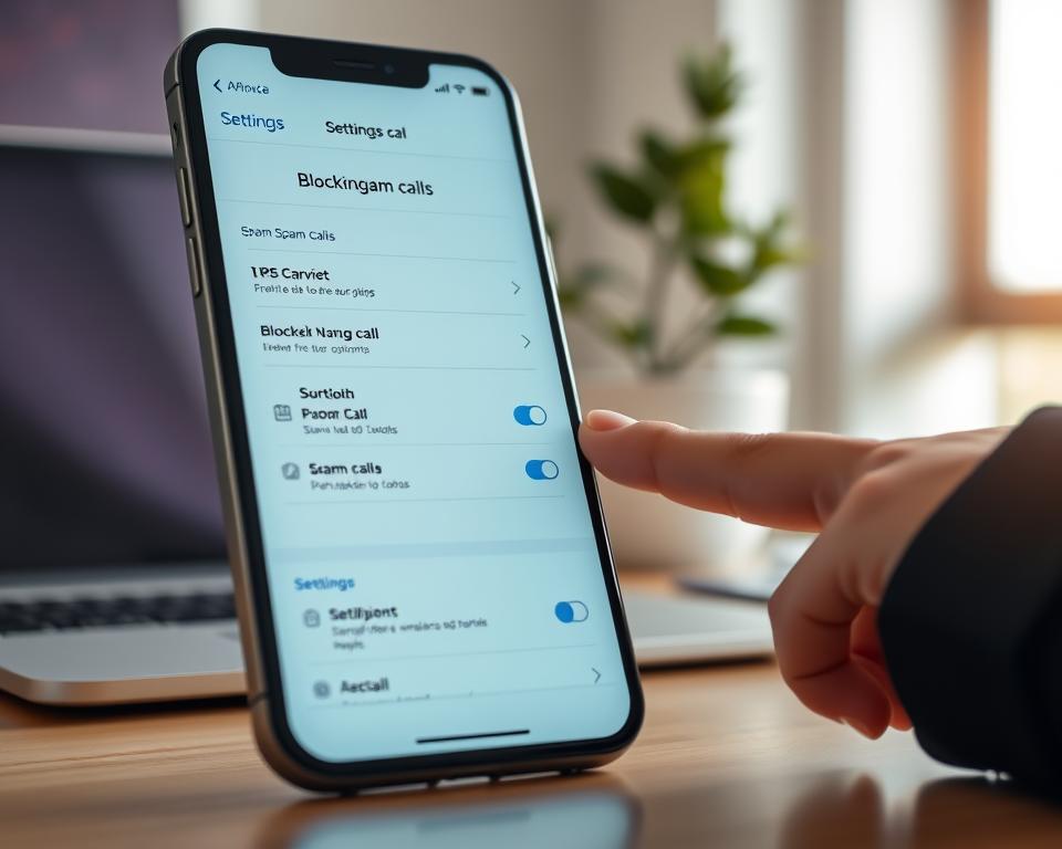 A close-up view of an iPhone displaying its settings menu, specifically focusing on the section for blocking spam calls. The phone screen glows softly in a well-lit room, with a blurred background showing an organized, minimalistic workspace featuring a sleek desk and a potted plant. The iPhone is angled at about 45 degrees to capture the screen in detail, and the lighting highlights the crispness of the display while casting gentle shadows. A hand in professional business attire subtly rests beside the phone, pointing at the settings. The atmosphere is calm and focused, suggesting a moment of productivity and control over unwanted calls.