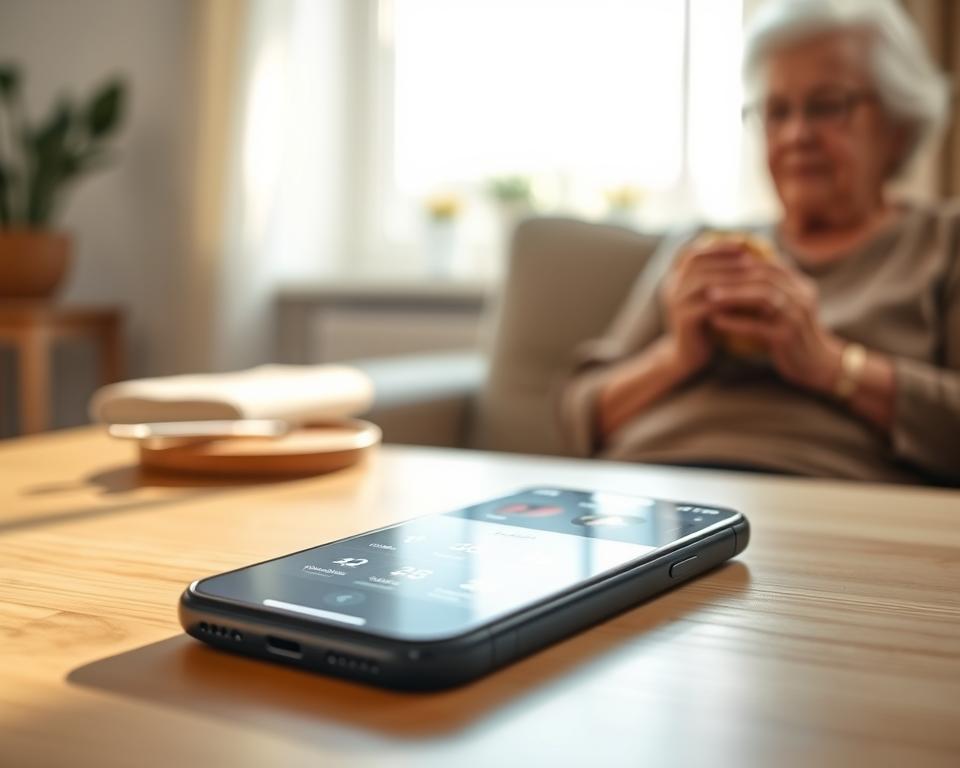 A close-up view of an iPhone displaying the Health App interface, showcasing various health tracking features like steps, heart rate, and activity levels. The iPhone is placed on a clean wooden table, in the foreground, with soft, natural light coming from a nearby window, casting gentle shadows. In the background, out of focus, a senior person dressed in modest casual attire is seen holding a healthy snack, symbolizing wellness and proactive health management. The atmosphere is warm and inviting, suggesting a comfortable home setting where technology assists in daily health monitoring. The composition should be clear and simple, emphasizing the functionality of the iPhone Health App without any distractions.
