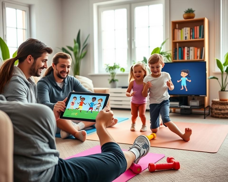 A cozy living room scene showcasing a family engaging with various family-friendly home exercise apps on their devices. In the foreground, a cheerful family of four—parents in comfortable athletic wear and two children—are using a tablet and a smart TV displaying cartoon-style animated exercise characters. The middle ground features colorful exercise mats and fitness equipment like dumbbells and resistance bands, inviting a sense of activity and fun. In the background, soft, natural light filters through large windows, illuminating indoor plants and a bookshelf filled with wellness literature. The overall mood is lively and encouraging, highlighting a positive family atmosphere centered around health and fitness in a warm and inviting home environment.