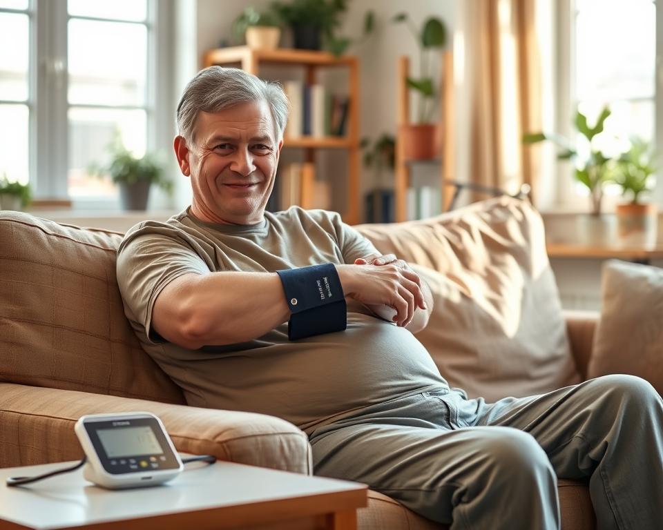 A cozy, well-lit living room scene featuring a middle-aged person seated comfortably on a sofa, dressed in modest casual clothing. The individual is gently placing a blood pressure monitor cuff around their upper arm, displaying a look of concentration and ease. A side table holds a sleek digital blood pressure monitor, with its screen visible and showing faint readings. Warm, natural light filters in through a window, illuminating the setting and creating a calm atmosphere. In the background, shelves filled with books and plants add a homely touch, ensuring a sense of comfort and health. The scene captures the simplicity and accessibility of at-home blood pressure monitoring, evoking a feeling of proactive self-care and well-being.