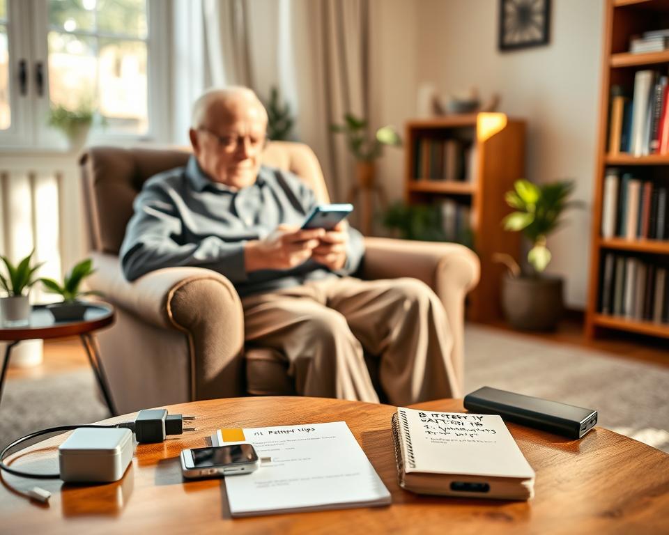 A cozy, well-lit living room scene featuring an elderly person seated comfortably in an armchair, using an iPhone. The foreground includes the iPhone displayed next to a small table filled with a charger, a portable power bank, and a small notebook with handwritten battery tips. The middle ground showcases a warm, inviting atmosphere with soft natural light streaming through a window, casting gentle shadows. A few plants and a bookshelf filled with books provide a touch of homeliness in the background. The mood is relaxed and informative, emphasizing the importance of battery maintenance. The elderly subject is wearing modest, casual clothing and is engaged in looking at the iPhone screen, embodying the theme of using technology efficiently.