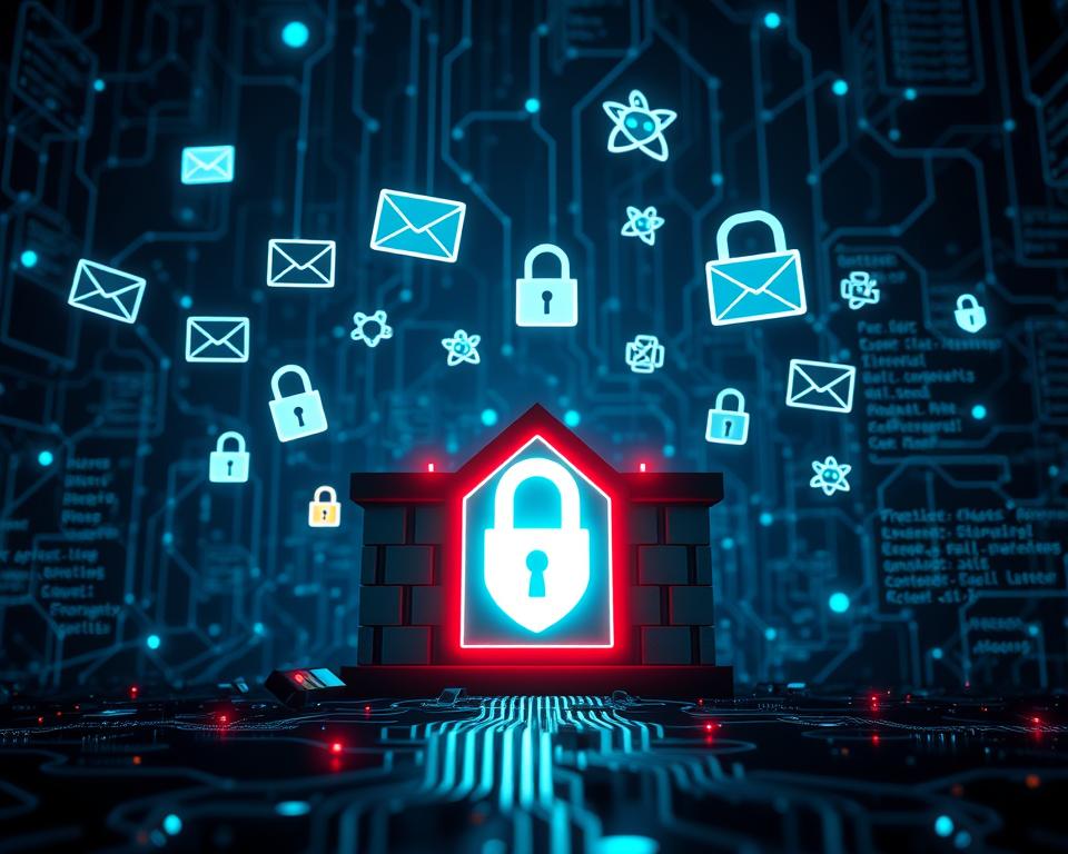 A cyber landscape representing online security threats, featuring a digital fortress in the foreground, showcasing a strong firewall symbol adorned with padlocks and shields. In the middle ground, floating threat icons like phishing emails, malware bugs, and ransomware chains hover ominously, surrounded by glowing code snippets to highlight the digital environment. The background reveals a dark, abstract network of interconnected lines and nodes, representing the internet, subtly illuminated by blue and green hues to create a tech-savvy atmosphere. The scene is lit with a cool, ambient light to evoke a sense of urgency and caution, captured with a slightly low-angle perspective to emphasize the scale of the threats looming over digital security.