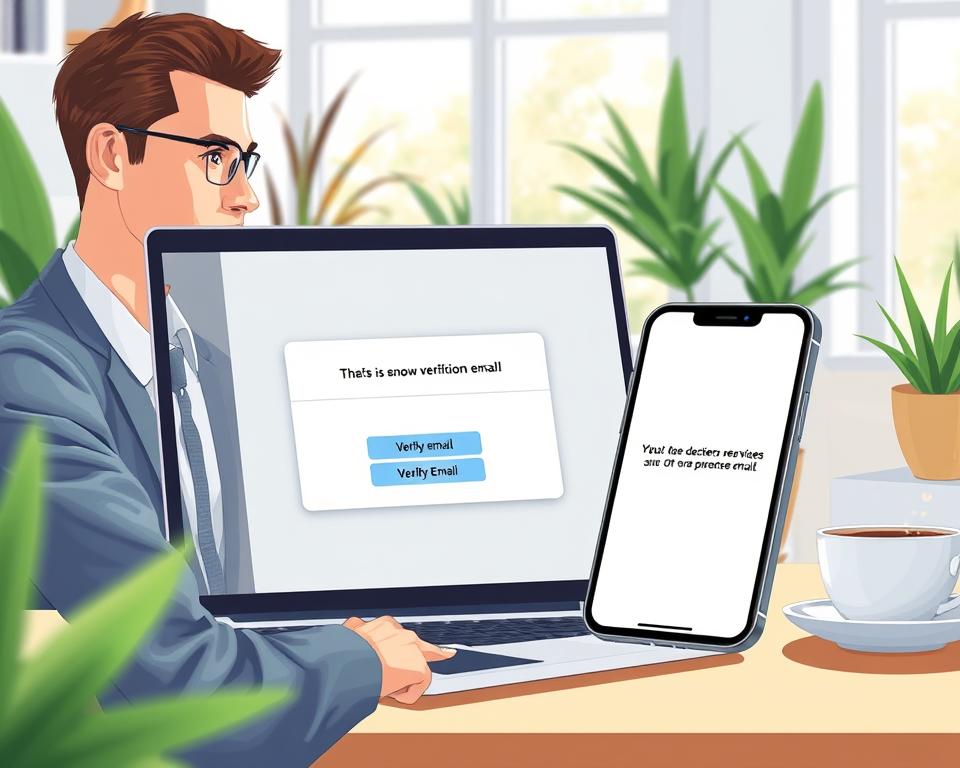 A detailed illustration of the email verification process. In the foreground, depict a modern laptop showing an email inbox with a highlighted verification email. A user in professional attire, focused and engaged, is sitting at the laptop, their expression showing anticipation. In the middle, include a close-up of the email with a clear call-to-action button saying "Verify Email" next to a pristine smartphone displaying a notification. The background should show a bright, softly lit workspace with indoor plants and a cup of coffee for a cozy atmosphere. Use bright, natural lighting to evoke a sense of optimism and efficiency, capturing the ease and excitement of setting up a new email account.