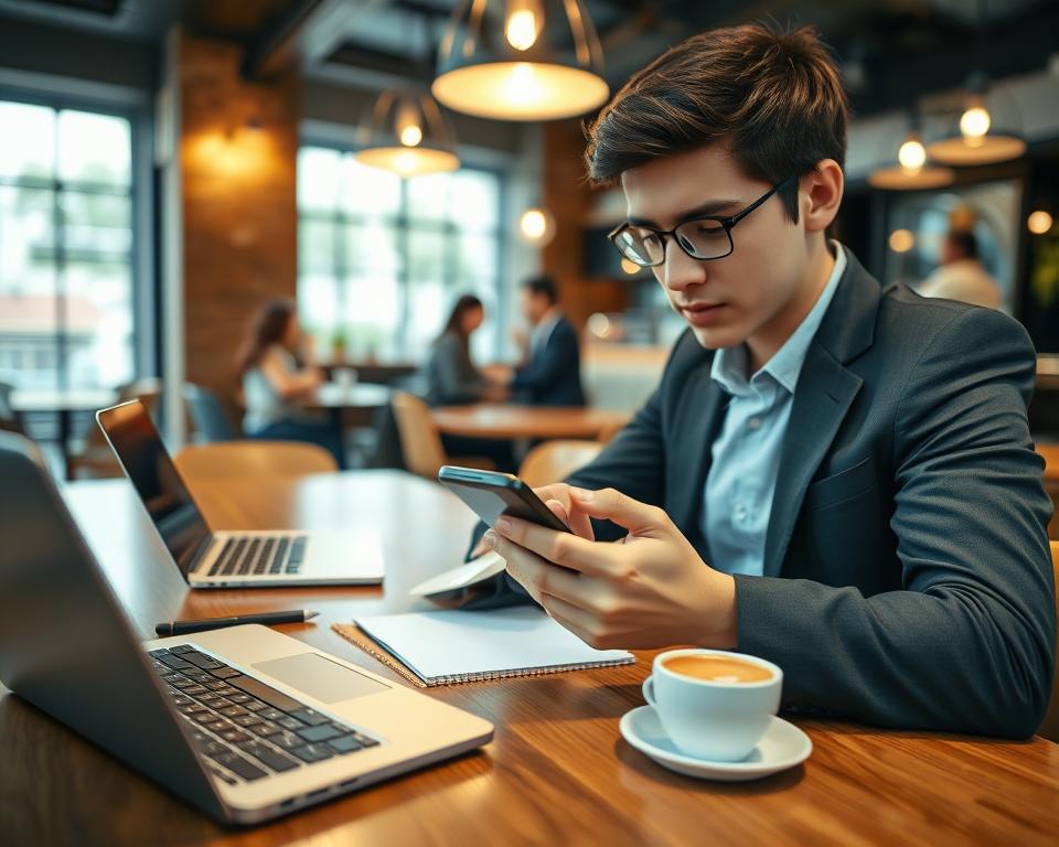 A focused shot of a person engaging in mobile typing, set in a modern café environment. In the foreground, a young adult dressed in smart casual attire is intently looking at their smartphone, fingers flying over the screen. The middle ground features a polished wooden table scattered with a laptop, coffee cup, and notes, creating a productive atmosphere. In the background, soft lighting from hanging pendant lamps highlights the warm tones of the café, while blurred figures of friends chatting add a sense of liveliness. The angle is slightly from above, emphasizing the mobile device and the user's concentration. The overall mood is vibrant yet relaxed, showcasing an engaging moment of adaptability in a busy scenario.