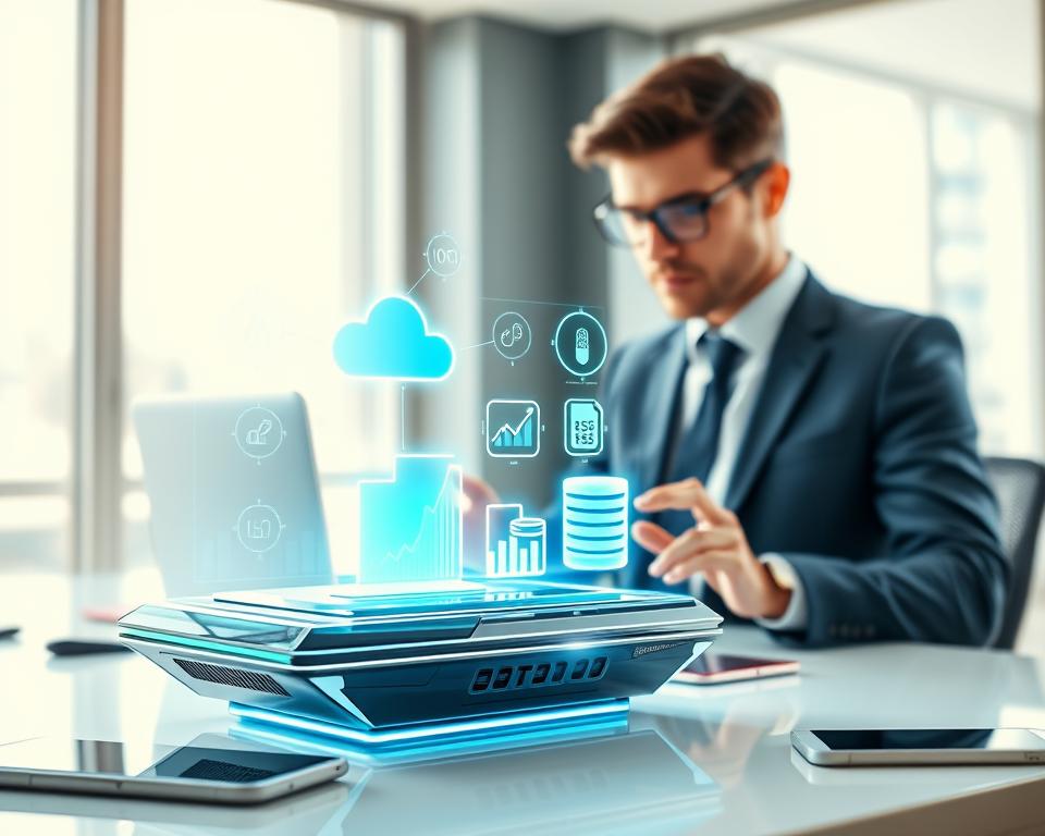 A futuristic Android data storage scene, focused on a sleek, transparent device showcasing various storage options like cloud symbols, SD cards, and database icons. In the foreground, a professional user in smart casual attire interacts with a holographic interface displaying data analytics. The middle ground features a modern office desk with tech gadgets like smartphones and tablets, emphasizing the integration of data storage in daily tech use. The background consists of a bright, well-lit office space with large windows, allowing natural light to flow in, creating an energetic and productive atmosphere. The color palette is vibrant, blending blues and greens to convey a sense of innovation and technology. The composition highlights the interaction between the user and their devices, symbolizing the significance of data management in Android.