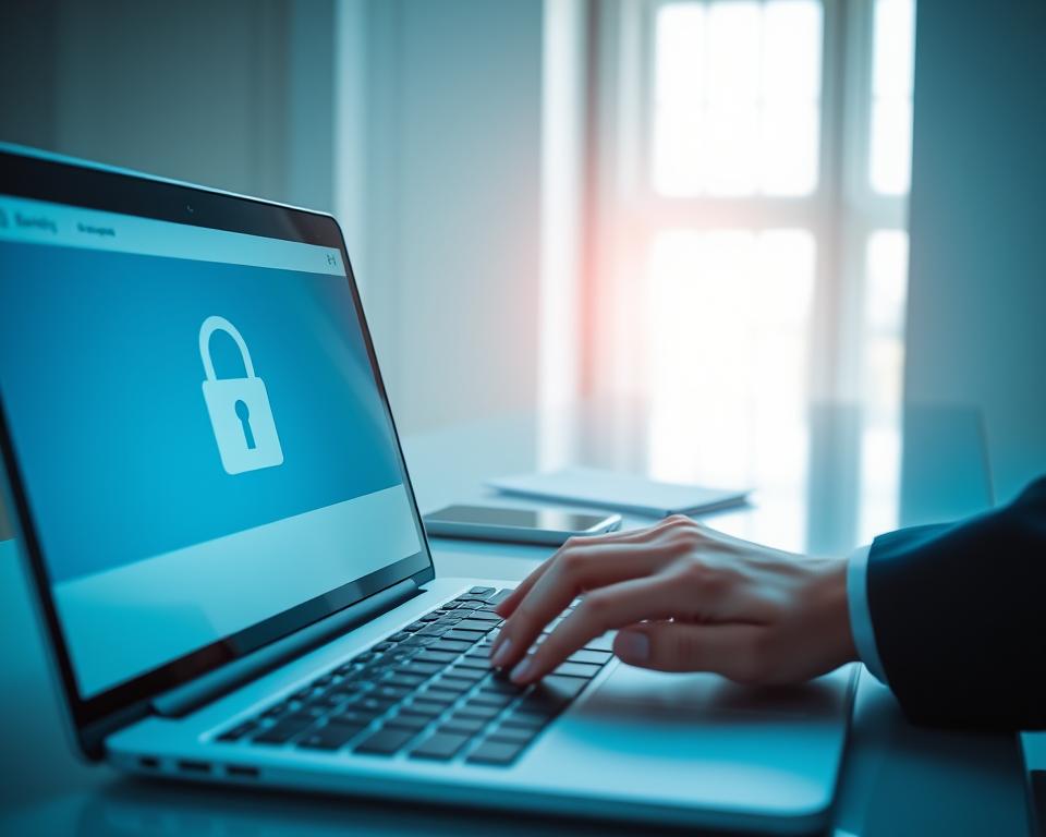 A modern and secure online banking setting is depicted, featuring a close-up of a laptop screen displaying a locked padlock icon on a banking website, symbolizing safe browsing. In the foreground, a hand in a professional business outfit hovers over the keyboard, ready to input sensitive information securely. In the middle ground, a sleek and organized workspace with a few banking documents and a smartphone is illuminated by soft, natural daylight coming from a nearby window. In the background, a calming blue color palette enhances the atmosphere of security and professionalism. The image conveys a mood of trust and reliability, focusing on the importance of secure online practices while maintaining a clean and minimalistic aesthetic.