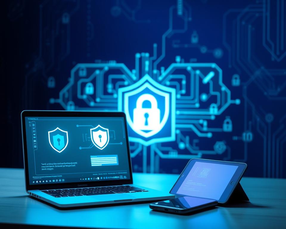 A modern digital workspace depicting cybersecurity measures in action. In the foreground, a laptop with a glowing screen displaying cybersecurity software, featuring a shield icon and encrypted data streams. Beside it, a smartphone with security notifications visible. In the middle, a sophisticated, futuristic-looking firewall serves as a visual barrier, illustrated with glowing circuits and digital locks. The background features a dark, tech-inspired gradient with abstract binary code and abstract shapes, creating an atmosphere of high-tech security. Soft blue and green lighting illuminates the scene, casting a professional yet reassuring glow, emphasizing a feeling of safety and protection. The composition is shot from a slightly elevated angle, portraying a sense of depth and focus on the cybersecurity elements.