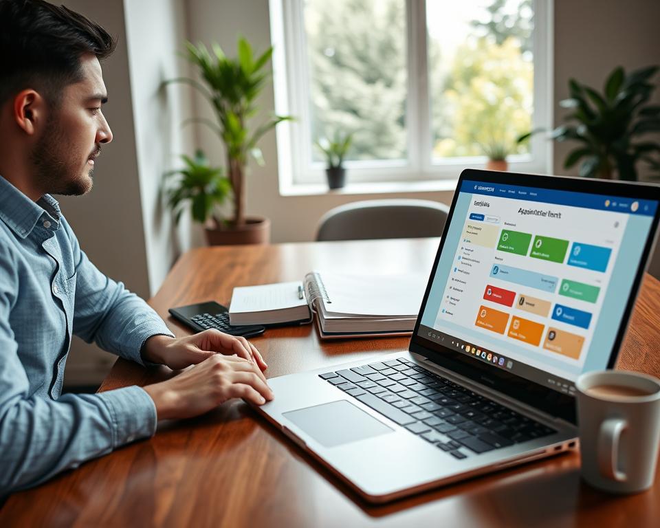 A modern digital workspace showing a professional setting dedicated to appointment management. In the foreground, a sleek laptop is open, displaying a user-friendly online appointment booking interface with colorful, intuitive graphics. To the left, a person in business casual attire is engaged with the laptop, examining solutions with a thoughtful expression. In the middle, an elegant wooden desk holds a planner, a smartphone with notifications, and a coffee cup, suggesting a busy yet organized environment. In the background, a bright and airy office features a large window with natural light streaming in, showcasing greenery outside, which adds a calming atmosphere. The overall mood is productive and professional, capturing the essence of choosing the right online appointment system.
