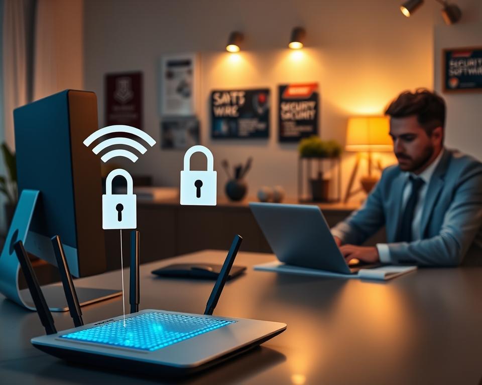 A modern home office setting, focused on a sleek computer desk with a high-tech router emitting radiant Wi-Fi signals. In the foreground, a person dressed in smart casual attire is attentively managing their network security on a laptop, with a digital graphic of a locked padlock and a Wi-Fi symbol hovering nearby. The middle ground features a wall decorated with security certifications and tools like firewalls and security software posters. In the background, ambient lighting casts a warm glow, enhancing a sense of safety and control within the workspace. The scene conveys a mood of vigilance and professionalism, emphasizing the importance of robust Wi-Fi security measures in a modern home environment.