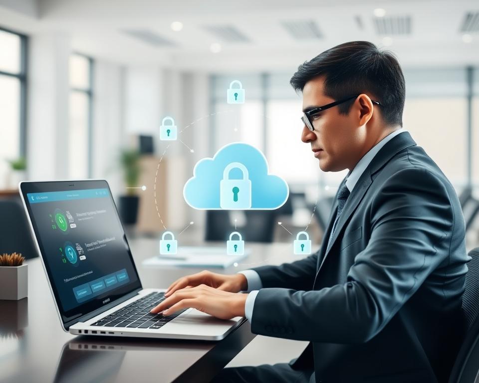 A modern, secure digital banking environment focusing on data backup processes. In the foreground, a professional individual in business attire is interacting with a sleek laptop displaying a secure banking interface, with green checkmarks indicating successful backups. In the middle, a cloud symbol representing data storage, surrounded by digital padlocks, illustrating security and protection. The background features a tidy office setting with soft, natural lighting, enhancing a sense of trust and professionalism. The scene conveys an atmosphere of reliability and safety, emphasizing the importance of secure data management in banking. The angle showcases a slightly elevated view, allowing for an expansive view of both the individual and the digital elements in the workspace.