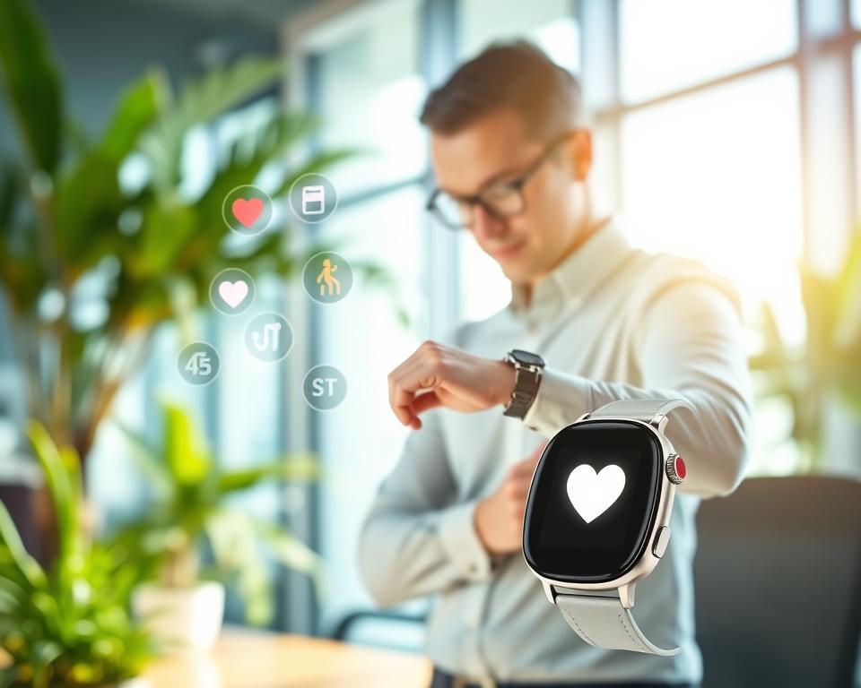 A modern smartwatch displayed prominently in the foreground, featuring a sleek design and a glowing health notification. In the middle, an office worker in professional attire checks their wrist while appearing engaged and thoughtful, surrounded by health metrics visually represented as floating icons (like heart rate, calories burned, and step count). The background softly blurs to showcase a bright, modern office environment with green plants and natural light filtering through large windows. The lighting is bright and inviting, with a focus on the smartwatch, emphasizing its functionality. The overall mood is positive and aspirational, conveying a sense of empowerment through technology in health management, while addressing common misconceptions about smartwatches.