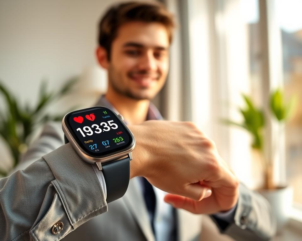 A modern smartwatch displaying health metrics on its screen, prominently featuring heart rate, blood pressure, and activity levels. In the foreground, a healthy person in professional attire, confidently interacting with the smartwatch on their wrist. The middle layer showcases a softly blurred background of a calming home environment, with plants and light streaming in from a window, creating a serene atmosphere. Warm natural lighting highlights the features of both the smartwatch and the user, emphasizing a sense of empowerment and control over health management. The angle is slightly elevated, allowing for a clear view of the smartwatch interface and the user's focused expression, conveying the benefits of chronic condition management through technology.