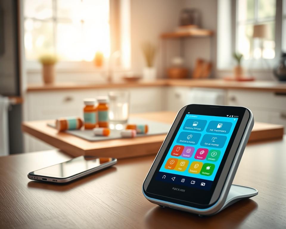 A modern, stylish device displaying a medication reminder app on its screen, placed prominently in the foreground. The device is sleek and futuristic, featuring a vibrant touch screen with clear, colorful icons for pill reminders and scheduling. In the middle, a cozy home environment showcases a neatly arranged kitchen table with a few open pill bottles, a glass of water, and a smartphone linked to the device, emphasizing the connection between technology and health management. In the background, soft natural light filters through a window, creating a warm and inviting atmosphere. The overall mood should convey a sense of organization and peace of mind, highlighting the importance of technology in maintaining health and wellness.
