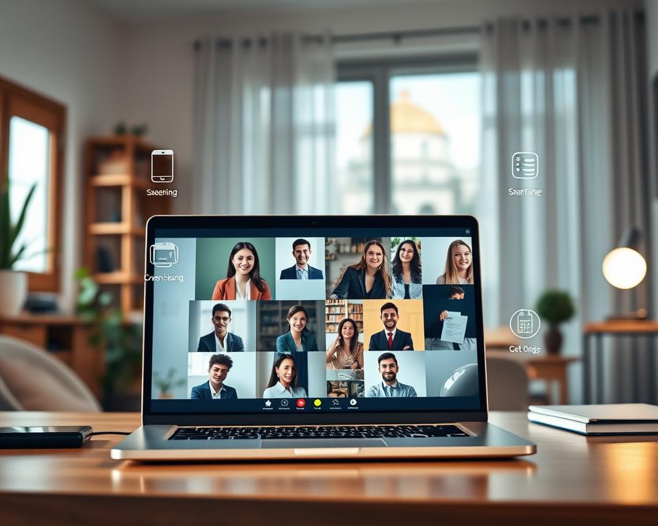 A modern video call platform interface depicting essential features for enhancing the video calling experience. In the foreground, showcase a sleek laptop on a stylish desk with a high-resolution screen displaying a grid layout of multiple professional individuals engaged in a video call. Each participant is dressed in smart business attire, emphasizing professionalism. The middle ground includes interactive icons representing features like screen sharing, chat options, and virtual backgrounds, subtly overlaid on the laptop’s screen. The background features a well-lit, cozy home office setting with soft, natural lighting streaming through a window. The atmosphere conveys productivity and focus, with a warm and inviting color palette. The composition should be dynamic, emphasizing the technology and connectivity of modern video calling.
