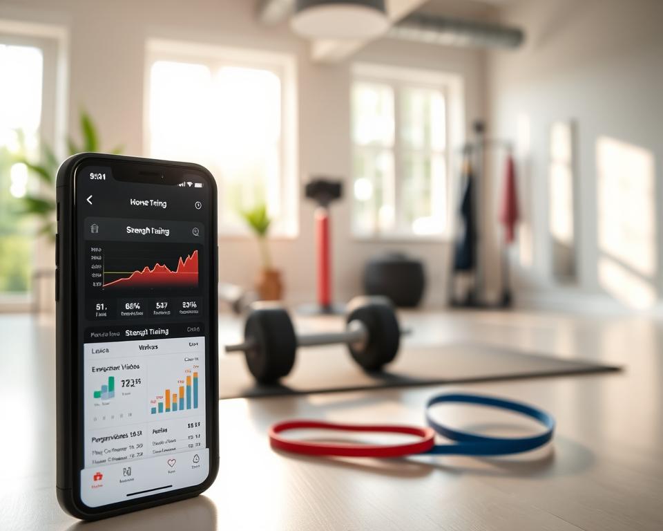 A modern, visually appealing smartphone displaying a strength training app interface in the foreground, with graphs, exercise videos, and workout plans clearly visible. In the middle, a well-lit home gym setting featuring dumbbells, a yoga mat, and resistance bands, emphasizing a motivational space for fitness. The background showcases a large window allowing natural light to flood the room, creating an inviting and energizing atmosphere. The overall mood is focused and inspiring, encouraging viewers to embark on their fitness journey. The angle is slightly elevated, capturing both the app on the phone and the gym environment effectively. Ensure everything is in a clean, organized layout to reflect a professional fitness atmosphere.