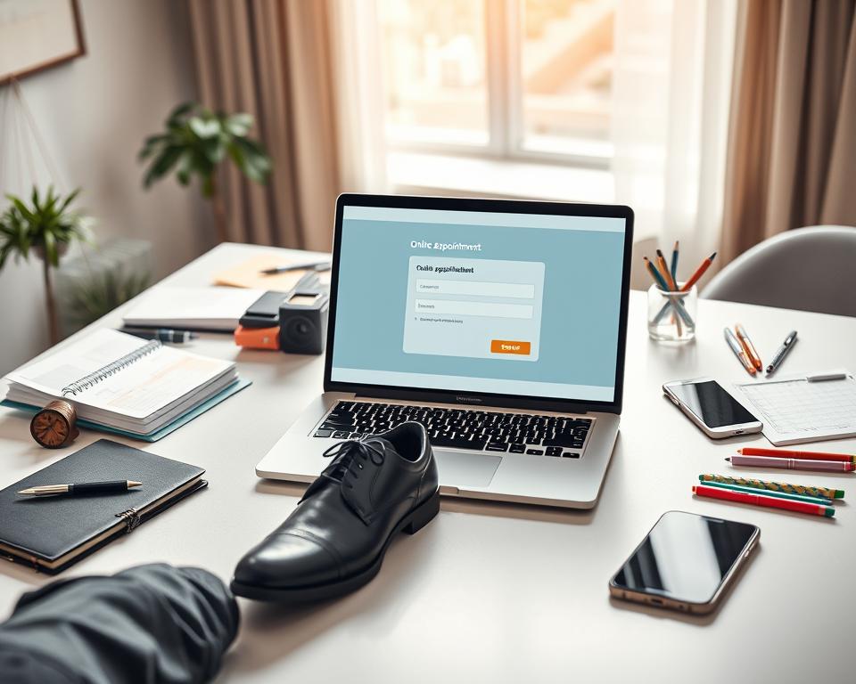 A modern workspace featuring a sleek laptop displaying a user-friendly online appointment platform interface. In the foreground, a pair of professional business shoes sits beside the laptop, symbolizing the working professional preparing to book an appointment. The middle ground includes a desk cluttered with a planner, a smartphone with notifications, and a few colored pens, creating a busy yet organized atmosphere. The background showcases a bright window with soft natural light streaming in, casting gentle shadows on the surfaces. The overall mood is efficient and inviting, portraying a seamless blend of technology and professionalism, perfect for illustrating online appointment platforms. The scene is captured in high resolution with a slight overhead angle, focusing on clarity and detail.
