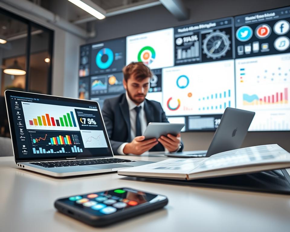 A modern workspace filled with technology showcasing social media analytics. In the foreground, a sleek laptop displays colorful graphs and charts related to social media metrics, while a smartphone lies beside it, showing app notifications. In the middle ground, a professional individual, dressed in business attire, studies data on a digital tablet, their expression focused and engaged. In the background, a large screen is illuminated with various analytical dashboards, data visualizations, and social media icons, creating a tech-savvy atmosphere. The lighting is bright and contemporary, emphasizing a productive environment, with a slight depth of field effect to focus on the analytical components, evoking a sense of professionalism and insight.