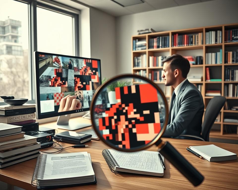 A modern workspace filled with technology, where a professional figure, dressed in smart business attire, sits at a sleek desk analyzing a large computer screen displaying distorted and manipulated images and videos. In the foreground, a magnifying glass hovers over a vibrant, pixelated fake image, emphasizing the act of scrutiny. The middle ground features stacks of digital gadgets and a notepad filled with notes on verifying sources. The background showcases a well-organized bookshelf filled with books on media literacy and critical thinking. Soft, natural light streams in through a large window, creating a contemplative atmosphere while casting subtle shadows. The scene conveys a sense of focus and urgency in the quest for truth amidst misinformation.