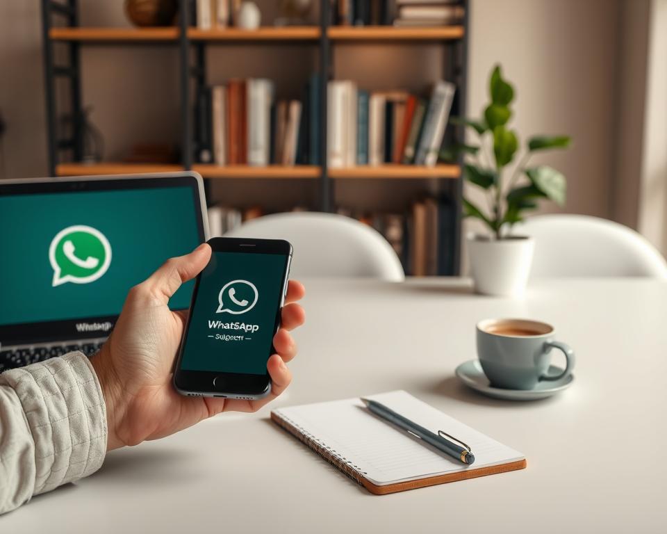 A modern workspace setting featuring a clean desk with a laptop displaying the WhatsApp logo. In the foreground, a hand is reaching for a smartphone showing a troubleshooting screen with visual icons like a wrench and a question mark, indicating support and solutions. In the middle ground, a notepad and pen are positioned, along with a cup of coffee, suggesting a casual yet focused atmosphere. The background includes a softly lit bookshelf filled with tech books and a potted plant, creating an inviting and professional vibe. The image should have warm lighting highlighting the desk area, shot at a slightly elevated angle to capture the entire scene. The mood is informative and reassuring, ideal for guiding users through common WhatsApp issues.