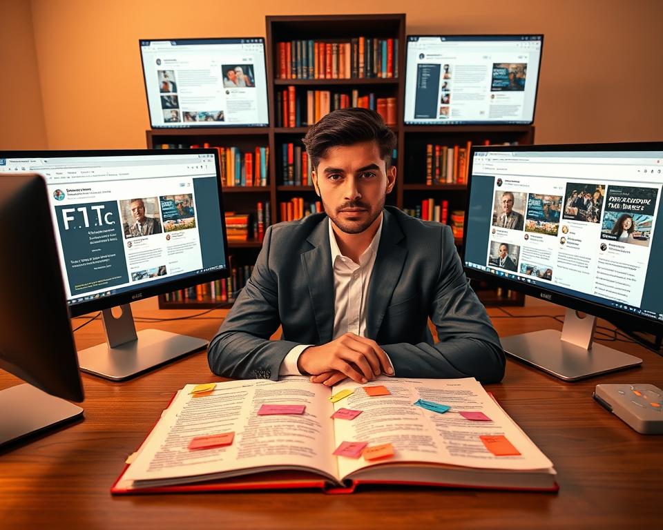 A person sitting at a modern desk, surrounded by dual computer monitors displaying fact-checking websites and social media feeds. The foreground features an open notebook with highlighted texts and colorful sticky notes, showcasing various sources and articles. In the middle background, a bookshelf filled with reference books on journalism and media literacy. The lighting is warm and inviting, casting a soft glow over the workspace, suggesting focus and diligence. The atmosphere conveys a sense of determination and intelligence, emphasizing the importance of cross-referencing information. The individual, dressed in professional business attire, is intently engaged in analyzing data, with a thoughtful expression highlighting critical thinking. The camera angle is slightly elevated, offering a comprehensive view of the scene, capturing both the desk and the person's focused demeanor.