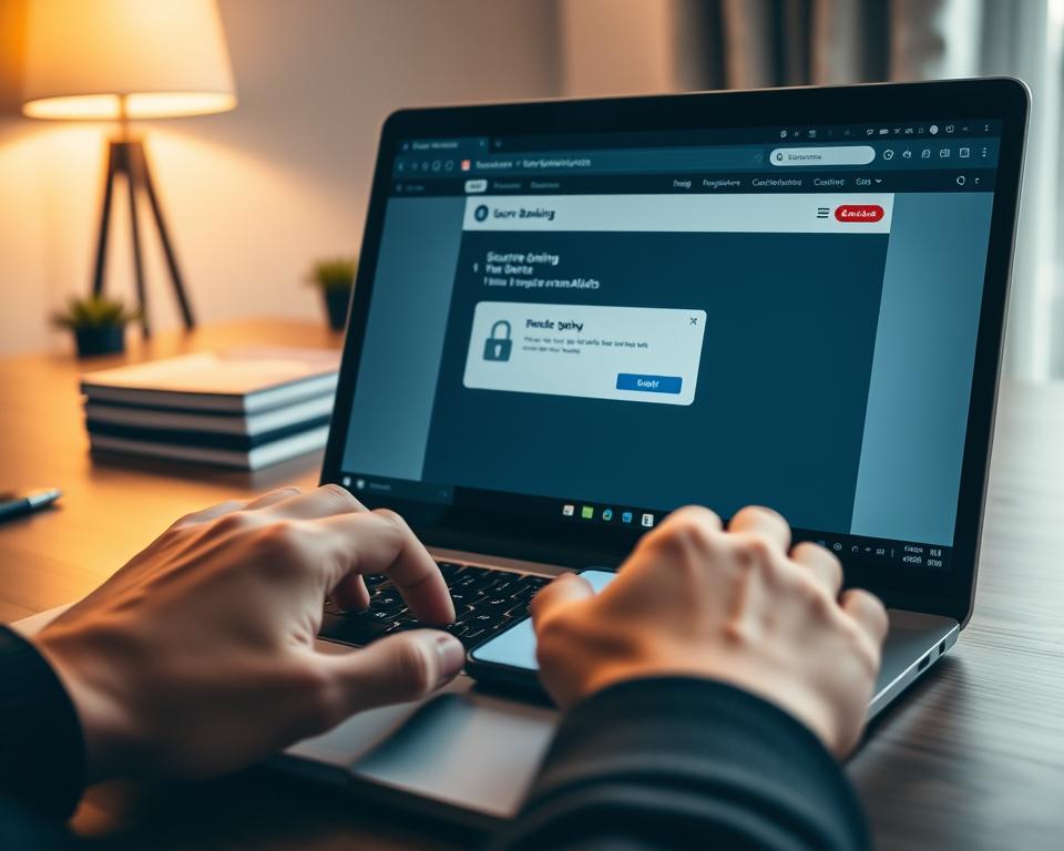 A professional, modern workspace featuring a sleek laptop with a digital banking interface open, displaying secure online transaction alerts prominently. In the foreground, a pair of hands hover over the keyboard, poised to interact with the alerts. In the middle ground, an organized desk with a smartphone placing a notification alert beside the laptop, showcasing two-factor authentication messages. The background features soft ambient lighting from a desk lamp, creating a warm, secure atmosphere. The overall mood conveys a sense of safety and organization. The scene is captured with a shallow depth of field, focusing on the transaction alerts, while the surrounding workspace remains slightly blurred, emphasizing the subject at hand.