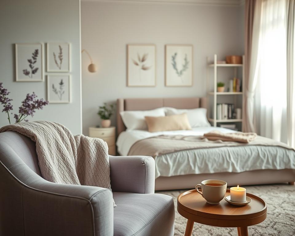 A serene bedroom scene focused on relaxation techniques for better sleep. In the foreground, a cozy nook with a calming lavender-colored armchair, a soft throw blanket, and a small side table holding a steaming cup of herbal tea and a lit candle. In the middle ground, a well-made bed with fluffy pillows and a gentle light filtering through sheer curtains, casting a warm glow. The background features soft botanical prints on the walls and a peaceful bookshelf filled with books on mindfulness and sleep. The overall atmosphere is tranquil and inviting, emphasizing a sense of calm and comfort, with soft, natural lighting to enhance the soothing mood.