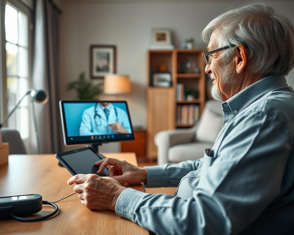 A serene home setting showcasing an elderly person engaged in a telemedicine consultation. In the foreground, the senior, wearing comfortable yet professional attire, sits at a well-lit desk, surrounded by health-related devices like a tablet and a blood pressure monitor. The middle section features the tablet screen displaying a friendly doctor, emphasizing a personal connection through virtual care. In the background, subtle elements like family photos and medical books create an inviting atmosphere. Soft, natural light filters through a window, enhancing the warm, reassuring mood of the scene. The angle captures the warmth and intimacy of remote healthcare, contrasting it with traditional in-person visits.