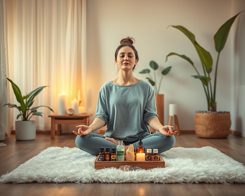 A serene indoor setting designed for guided meditation. In the foreground, a person sitting cross-legged on a soft, plush mat, dressed in comfortable, modest casual clothing, with a peaceful expression, eyes closed in deep concentration. In the middle, a gentle glow from candles and soft, flowing curtains enhances the calming atmosphere. Surrounding the figure, various essential oils and calming crystals on a small wooden table, inviting tranquility. In the background, soft green plants and a softly painted wall in pastel colors create a feeling of nature and serenity. Warm, diffused lighting creates a peaceful ambiance, emphasizing a sense of inner peace and relaxation, as if inviting the viewer to join in the moment of mindfulness.