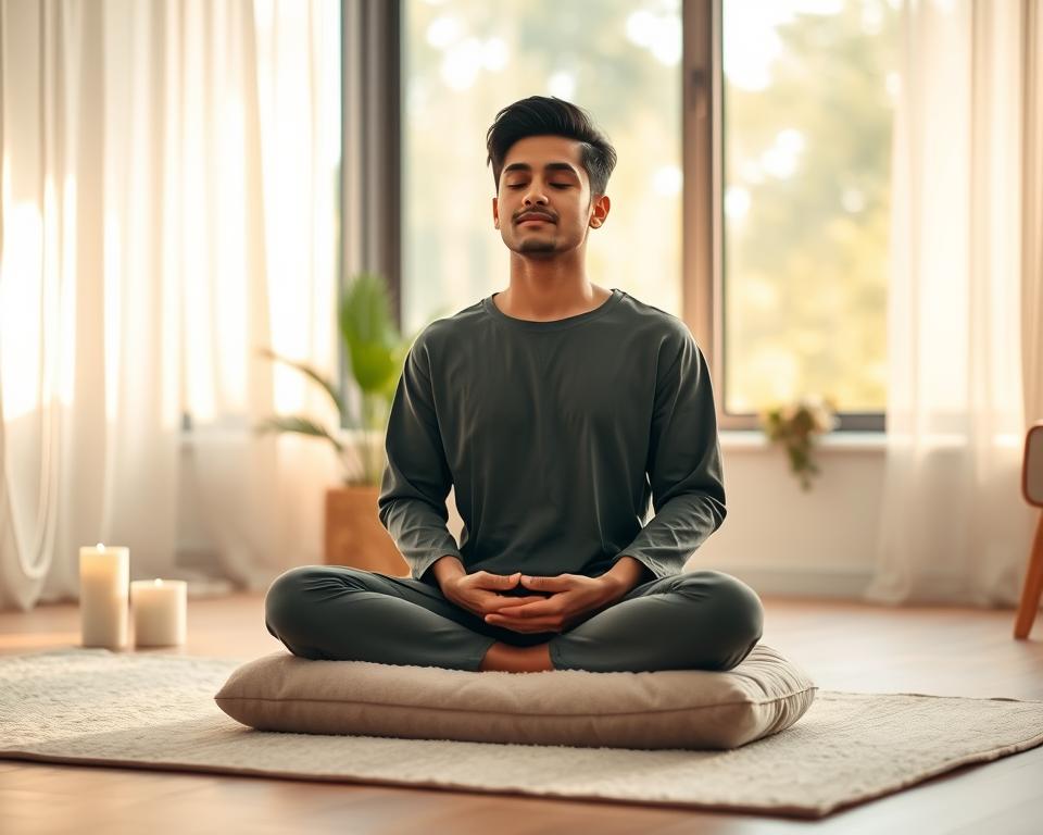A serene indoor setting for guided meditation, showcasing a comfortable, softly lit room. In the foreground, a person of South Asian descent sits cross-legged on a plush meditation cushion, dressed in modest casual clothing. They have their eyes closed, hands resting on their knees, exuding a sense of calm and focus. The middle ground includes a gently flickering candle and a small indoor plant, enhancing the tranquility of the scene. The background features a large window with sheer curtains letting in warm, golden sunlight, and hints of nature outside, like green trees or a peaceful garden. The overall atmosphere is soothing, inviting, and serene, embodying relaxation techniques ideal for effective guided meditation.
