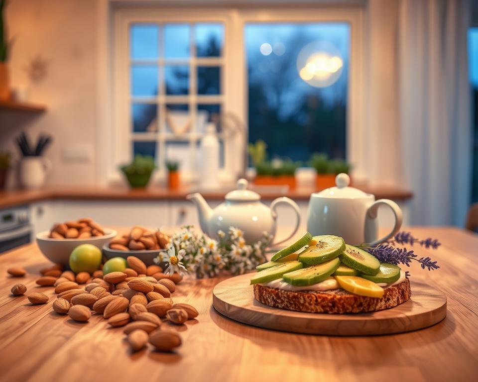 A serene kitchen setting at dusk, softly illuminated by warm ambient lighting. In the foreground, a beautifully arranged wooden table showcases a colorful spread of nutritious foods that promote better sleep, including almonds, kiwi, chamomile tea, and whole-grain toast topped with avocado. In the middle ground, a gentle teapot steams, surrounded by fresh herbs like chamomile and lavender. In the background, a window reveals a peaceful garden bathed in twilight, with stars beginning to twinkle in the deepening blue sky. The scene conveys a calm, inviting atmosphere, encouraging relaxation and mindfulness. The perspective is slightly elevated, with a shallow depth of field to focus on the food while subtly blurring the background.