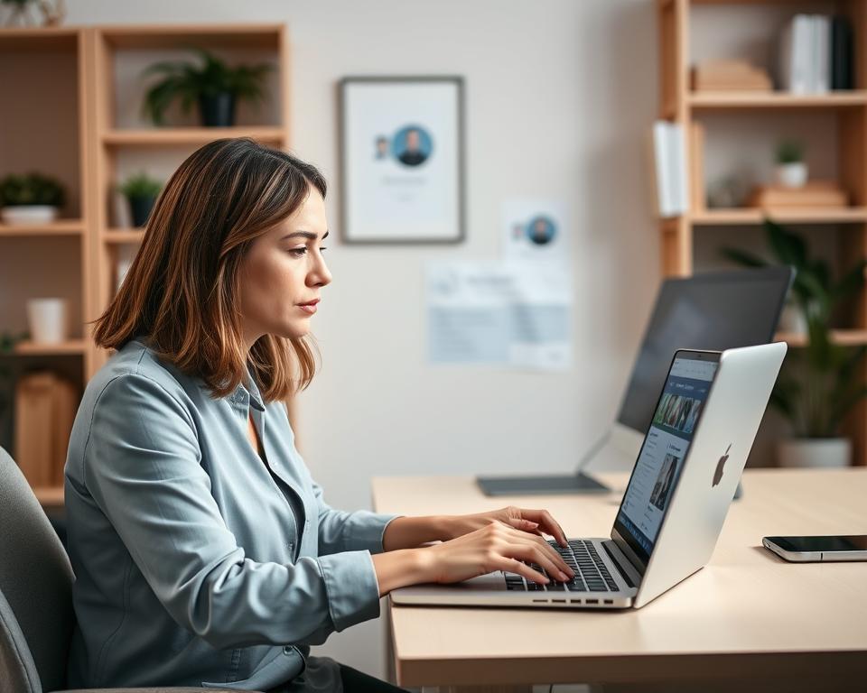 A serene, modern workspace scene focusing on a laptop displaying a user-friendly Facebook interface with a prominent "Friend Requests" section open. In the foreground, a professional woman in modest casual attire, seated at the desk, thoughtfully reviews incoming friend requests with a focused expression. The middle ground features the laptop screen, clearly showing profile pictures and options to accept or decline requests, illuminated by soft ambient lighting that creates a calm atmosphere. In the background, light wood shelves lined with plants and books add a touch of warmth. The overall mood is productive and thoughtful, spotlighting the importance of privacy management in social media interactions.
