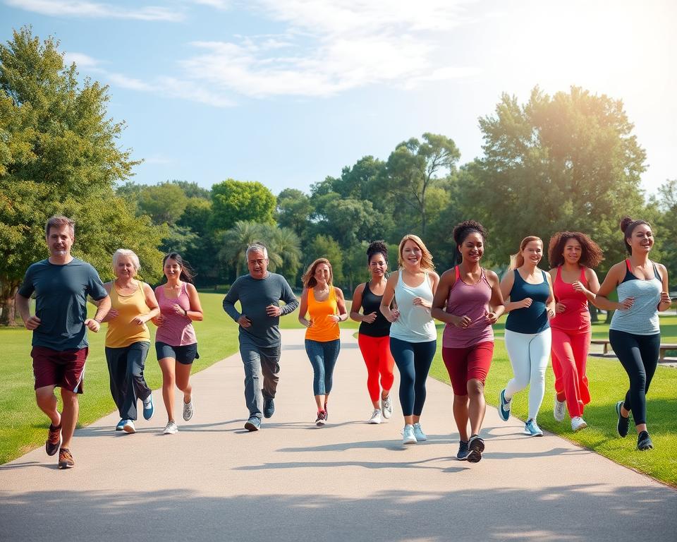 A serene outdoor scene depicting the benefits of regular exercise on blood pressure. In the foreground, a diverse group of individuals dressed in modest athletic clothing, including men and women of different ages and ethnicities, engaging in various exercises such as walking, jogging, and stretching. In the middle ground, a calm park landscape with greenery, trees, and a smooth pathway that leads into the background. The background features a clear blue sky with soft, warm sunlight creating a welcoming and uplifting atmosphere. The image should evoke a sense of health, vitality, and well-being, with a focus on the positive energy of exercise and its impact on maintaining healthy blood pressure levels. Use natural lighting to enhance the scene, capturing a vibrant and encouraging mood.