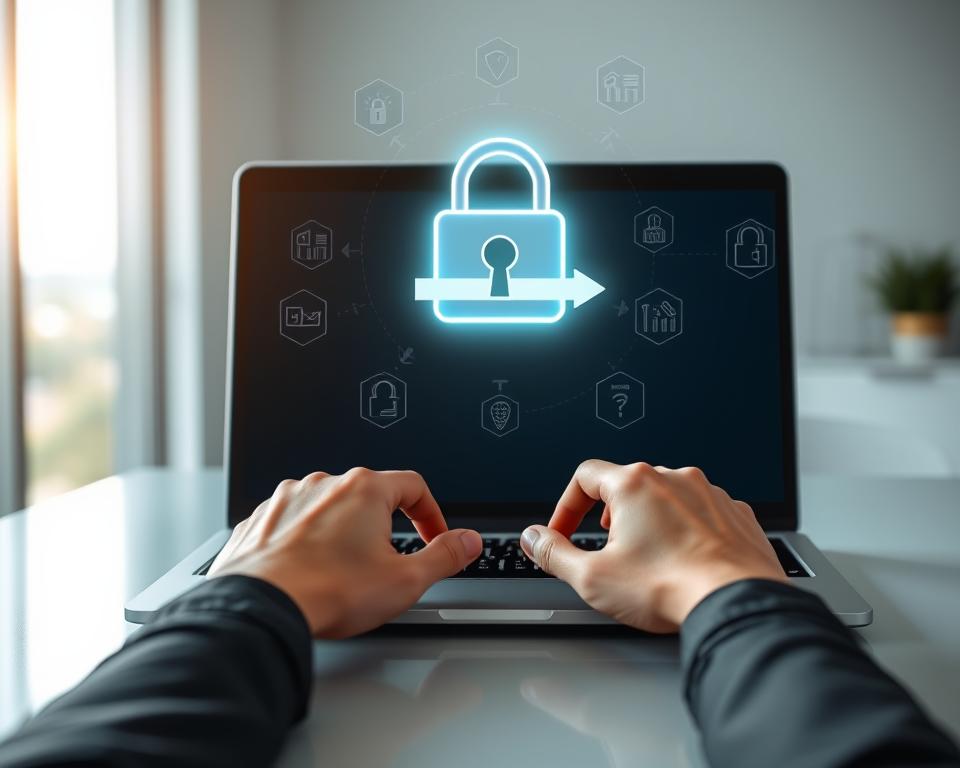 A serene workspace featuring a modern desk with a laptop displaying an open browser window, symbolizing secure browsing. In the foreground, a pair of hands in professional business attire, positioned on the keyboard, emphasizing active engagement. A soft glow emanates from the screen, creating a warm atmosphere. The middle ground shows a sleek digital lock icon floating above the laptop, representing security, surrounded by various soft-focus icons of firewalls and encryption. The background features a calming, blurred landscape with hints of greenery outside a window, suggesting a safe, serene environment. The overall lighting is bright yet soft, creating a hopeful and secure mood, ideal for promoting safe browsing practices.