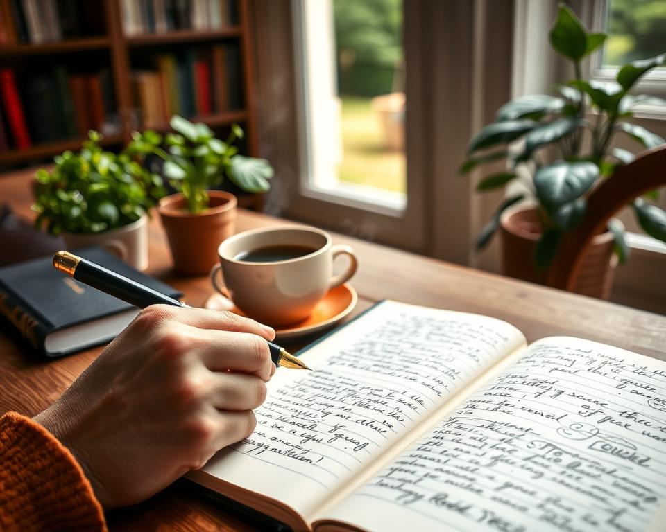 A serene workspace in soft, natural lighting, featuring a cozy wooden desk adorned with an open journal and a fountain pen. In the foreground, a close-up of a hand writing thoughtfully in the journal, showcasing fluid, elegant handwriting. The middle ground includes a steaming cup of herbal tea and a small potted plant, adding a touch of greenery and tranquility. In the background, a blurred bookshelf filled with inspiring books and a window showcasing a gentle view of a peaceful garden, enhancing the atmosphere of calmness and introspection. The mood conveys a sense of mindfulness and emotional reflection, inviting viewers to embrace the therapeutic power of journaling for emotional wellness.