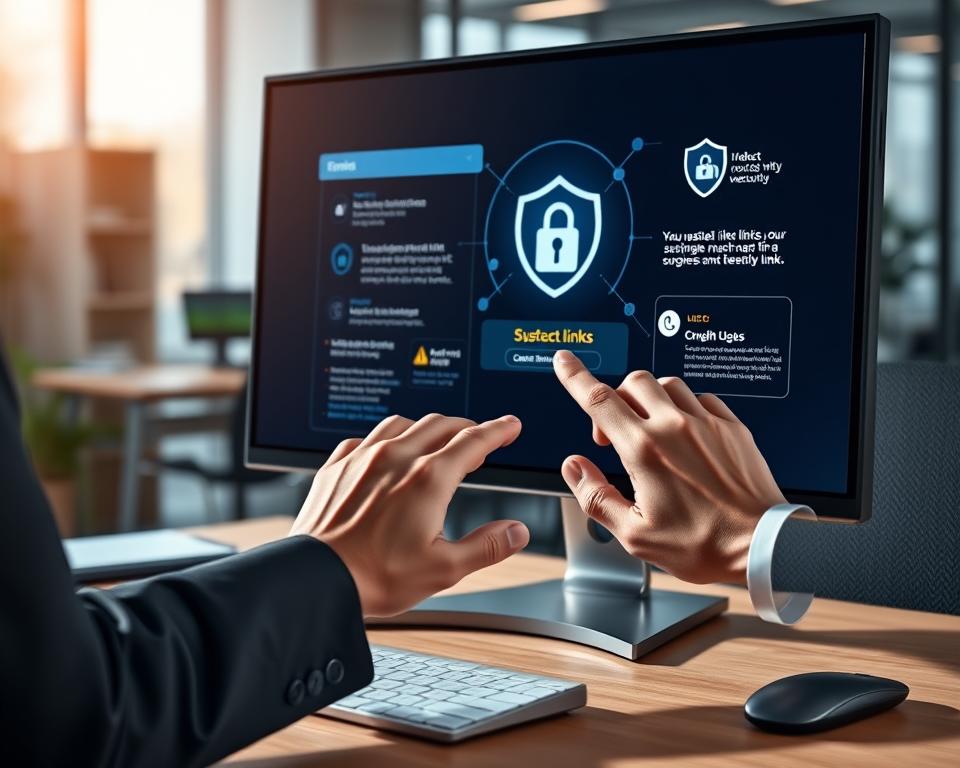 A sleek computer desk in a modern office setting, featuring a high-resolution monitor displaying a visually engaging interface for website security, emphasizing safe browsing practices. In the foreground, a pair of hands in professional business attire interacts with the screen, carefully examining highlighted suspicious links. The middle ground includes various cybersecurity elements like a digital padlock icon and warnings, representing protection against malicious links. The background shows a blurred view of a well-organized office with soft natural lighting filtering through a window, creating a safe and focused atmosphere. The overall mood is one of vigilance and professionalism, capturing the essence of digital safety in an engaging and visually appealing manner.