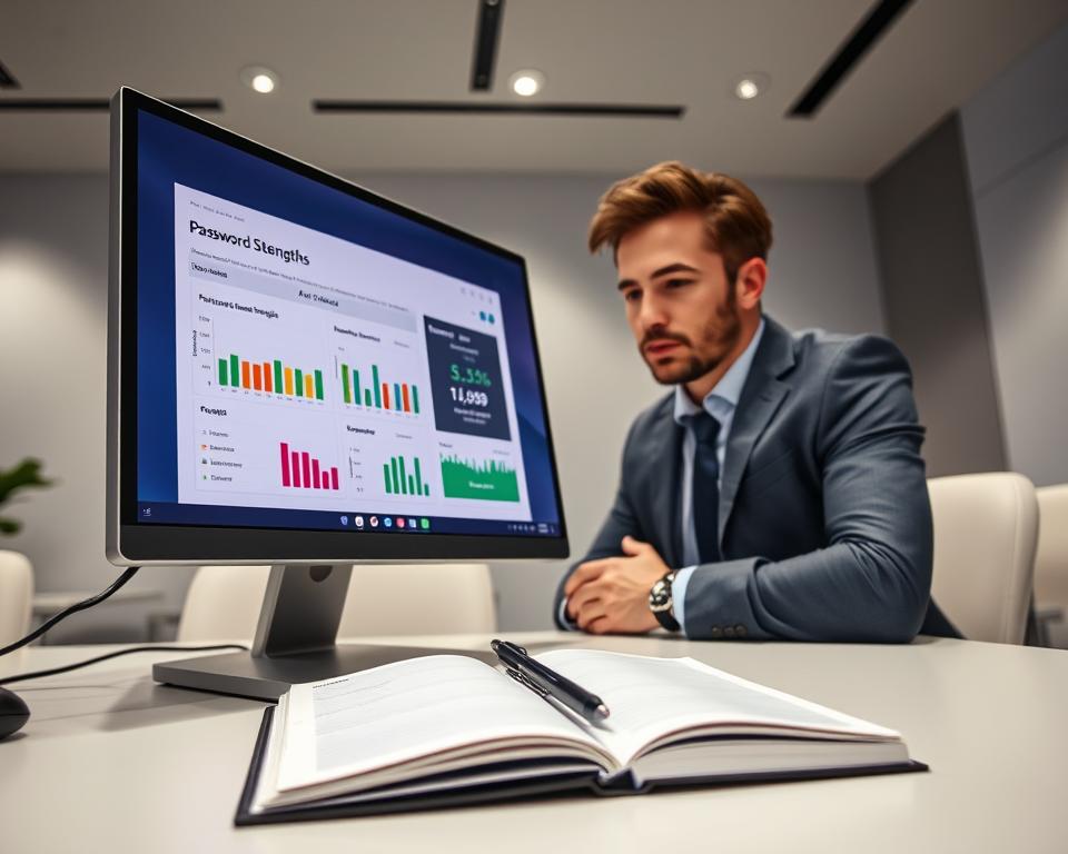A sleek, modern workspace featuring a computer screen displaying a vibrant password strength analysis interface, incorporating colorful graphs and metrics. In the foreground, an open notebook lies next to a stylus, symbolizing careful consideration. In the middle, a professional person in smart casual attire intently examines the screen, their facial expression reflecting determination and focus. The background consists of a minimalist office environment with soft, diffused lighting that casts gentle shadows, enhancing the atmosphere of concentration. The overall mood is one of empowerment and diligence, emphasizing the importance of creating strong passwords. The angle captures both the individual’s engagement and the informative screen, creating a dynamic yet professional visual narrative.