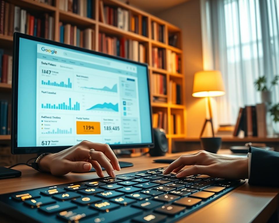 A sleek, modern workspace featuring a high-tech computer interface displaying advanced search features. In the foreground, a close-up of a keyboard with backlit keys and a person's hands in professional attire, poised to type. The middle ground showcases a large, vibrant monitor with multiple tabs open, prominently displaying dynamic graphs and search filters with various options like "date," "location," and "keywords." The background features a softly blurred bookshelf filled with tech books and a stylish desk lamp casting warm light, creating an inviting atmosphere. The overall mood is inspiring and focused, highlighting the power and efficiency of advanced search capabilities, with a soft focus on the details enhancing the futuristic look.