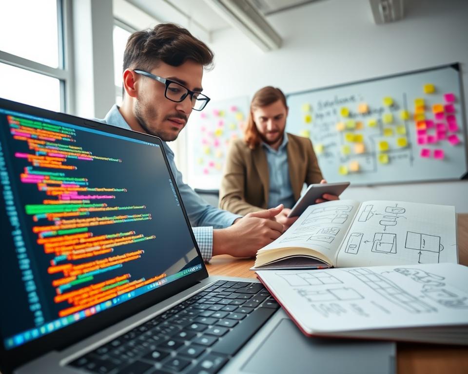 A vibrant and engaging workspace designed for Android development. In the foreground, a laptop displays a colorful code editor with lines of code that suggest the implementation of Android activities and intents. To the right, a notepad filled with sketches of app navigation flows and UI designs. The middle ground features a pair of professional developers, one with glasses and a calm demeanor, discussing code on the laptop, both dressed in smart casual attire. The background showcases a bright, modern office with a whiteboard filled with post-it notes representing brainstorming sessions. Soft, natural lighting filters through large windows, creating an inspiring atmosphere. The angle emphasizes collaboration and creativity in the development process.