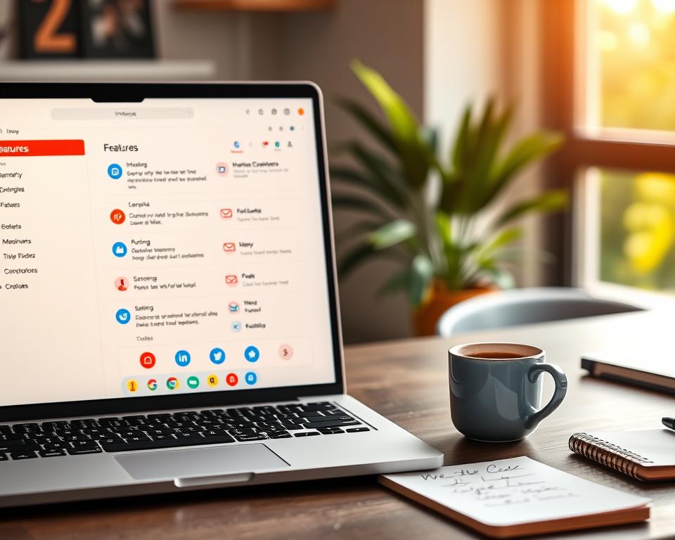 A vibrant and modern digital workspace showcasing various email features, with a clean, organized interface on a laptop screen in the foreground. The screen displays a colorful inbox, folders, and icons representing features like attachments, filters, and settings, all illuminated by soft, warm lighting. The middle ground includes a cup of coffee and a notepad with notes on email organization. In the background, a bright window reveals a sunny day outside, adding to the inviting atmosphere. Capture the scene from a slight overhead angle to emphasize the tech-savvy theme and the ease of using email, evoking a sense of simplicity and efficiency in managing communications. The mood is optimistic and productive, perfect for illustrating the exploration of email features.