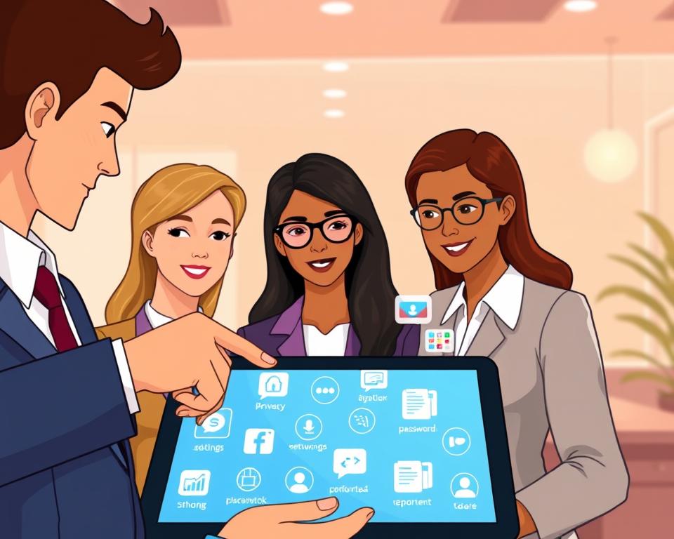A visually engaging illustration of social media safety tips, featuring a diverse group of three individuals in professional attire, gathered around a digital tablet. In the foreground, one person points at the screen, showcasing various safety icons like a padlock, shield, and checkmarks. In the middle, a softly glowing background displays floating graphical elements representing social media platforms, subtly blended with icons symbolizing privacy settings, strong passwords, and reporting features. The background features a warm, inviting office space with gentle lighting, creating an atmosphere of collaboration and awareness. The overall mood is proactive and informative, encouraging a positive approach to navigating social media safely, while ensuring all characters appear approachable and engaged.