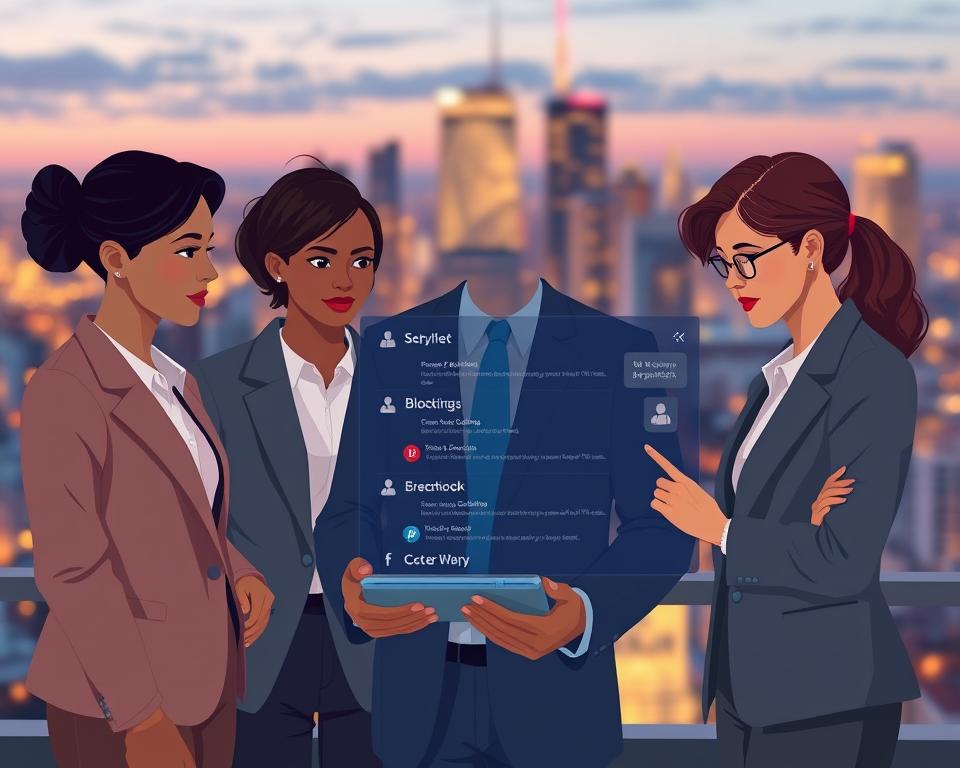 A visually engaging illustration representing "social network privacy." In the foreground, depict a diverse group of three professionals in modest business attire, actively discussing a digital device displaying a social media interface. The middle ground features a stylized screen with various privacy settings and blocking options highlighted. In the background, a soft-focus image of a cityscape at dusk creates a sense of urban connectivity and digital interaction, enhanced by warm golden lights. The scene is illuminated by a balanced mix of natural and artificial light to evoke a sense of seriousness yet approachability. Capture the mood of empowerment and safety in online interactions, highlighting the importance of privacy in social networking. No text or branding should be included.