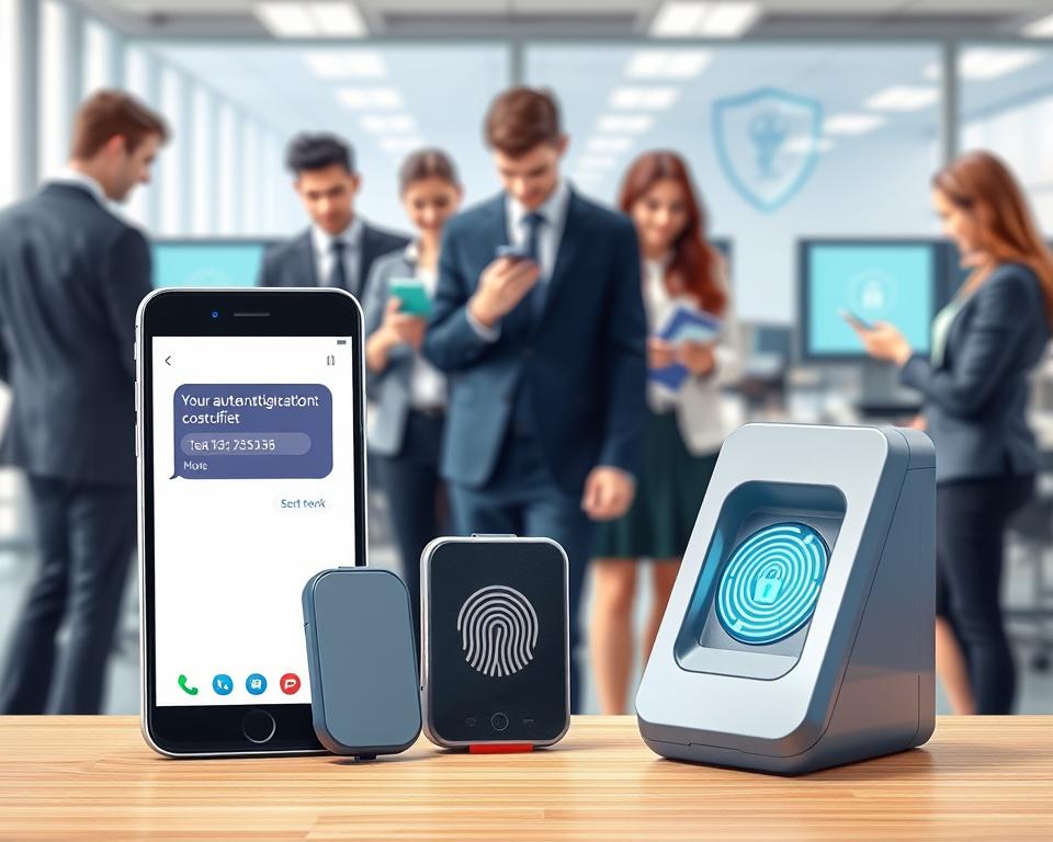A visually informative illustration depicting two-factor authentication methods in a professional setting. In the foreground, showcase various authentication devices: a smartphone displaying a text message code, a hardware token, and a fingerprint scanner. The middle layer should feature a diverse group of individuals in professional attire, actively engaging with these devices, demonstrating the authentication process. In the background, include a blurred office environment with computers and security icons subtly integrated, evoking a tech-savvy atmosphere. Use bright, natural lighting to enhance clarity, and employ a slightly elevated angle to provide an overview perspective. The overall mood should be secure and efficient, reflecting the importance of safeguarding personal accounts through two-step verification.